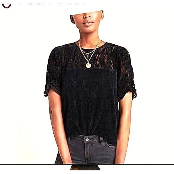 Anthropologie Women's Black Velvet Lace Puff Sleeve Blouse Top Sz M - Picture 1 of 8